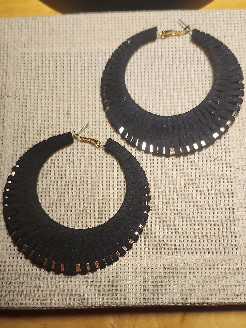 Boho Chic Black Suede Cord Wrapped Statement Hoop Earrings Gold Accents